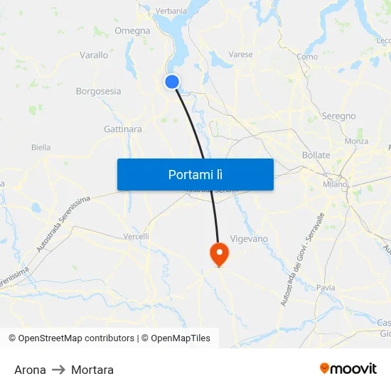 Arona to Mortara map