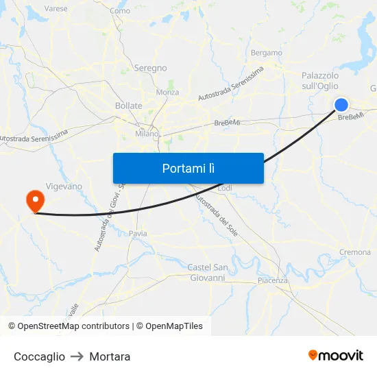 Coccaglio to Mortara map