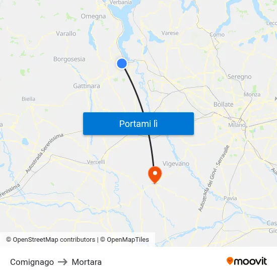 Comignago to Mortara map