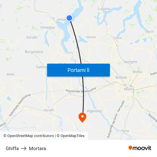 Ghiffa to Mortara map