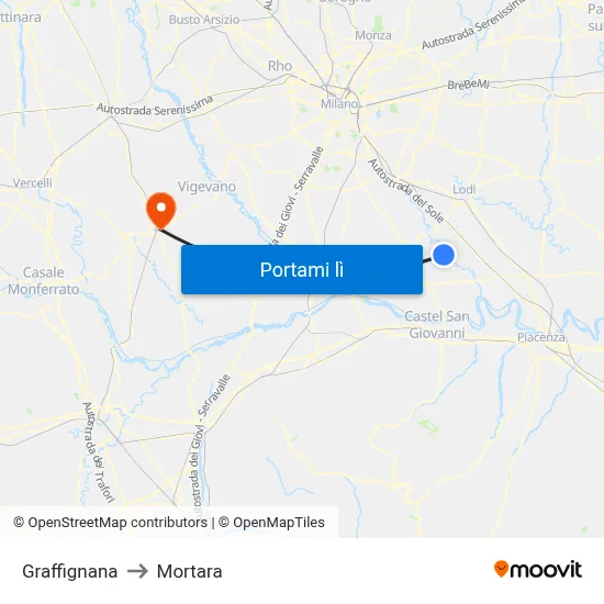 Graffignana to Mortara map
