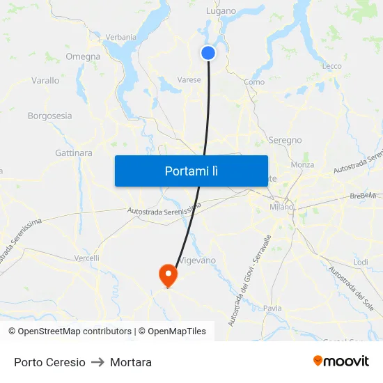 Porto Ceresio to Mortara map
