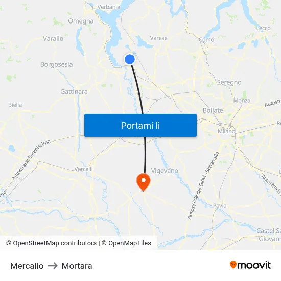 Mercallo to Mortara map