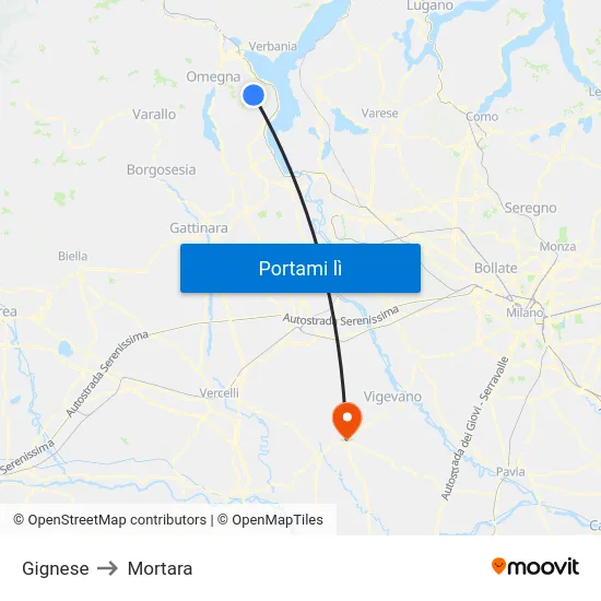 Gignese to Mortara map