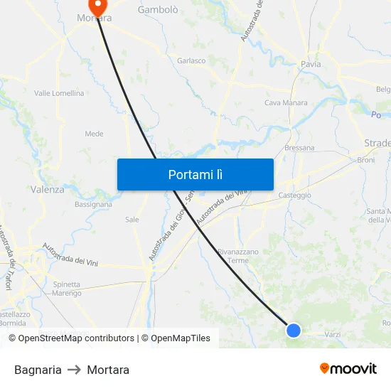 Bagnaria to Mortara map