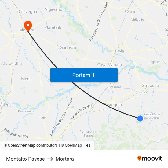 Montalto Pavese to Mortara map