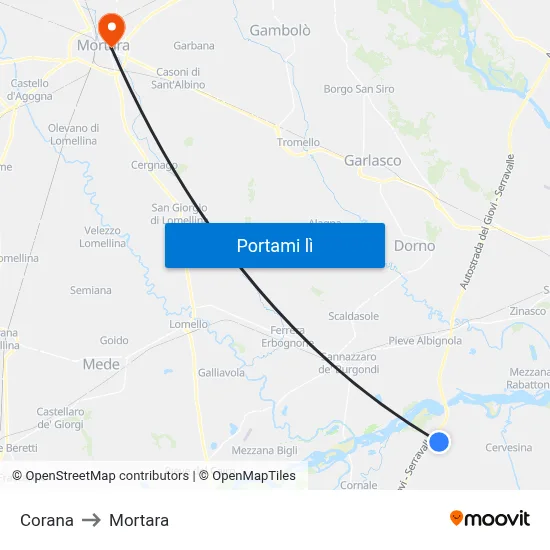 Corana to Mortara map