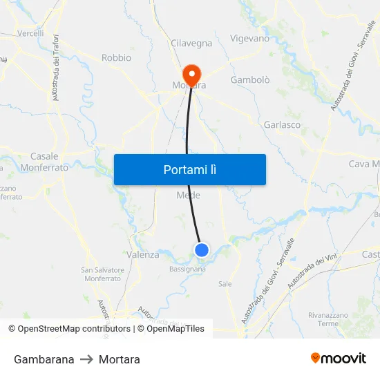 Gambarana to Mortara map