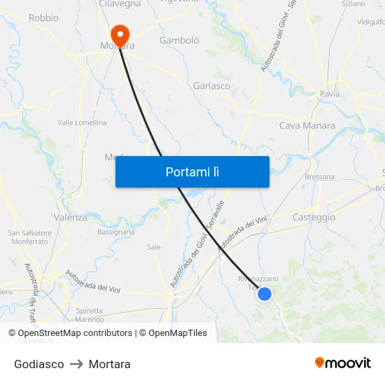 Godiasco to Mortara map