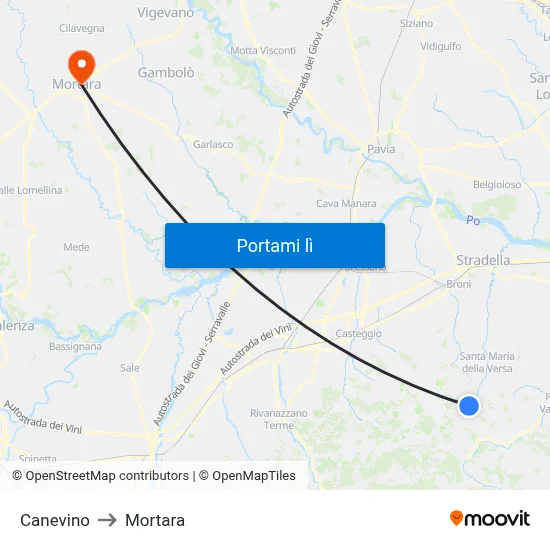 Canevino to Mortara map