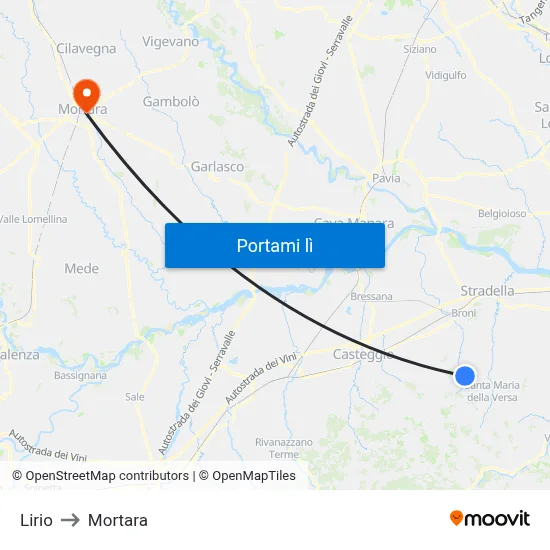 Lirio to Mortara map