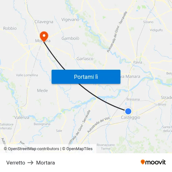 Verretto to Mortara map