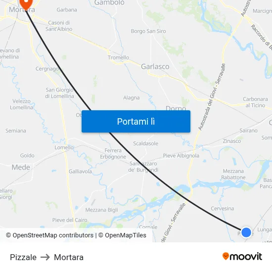 Pizzale to Mortara map