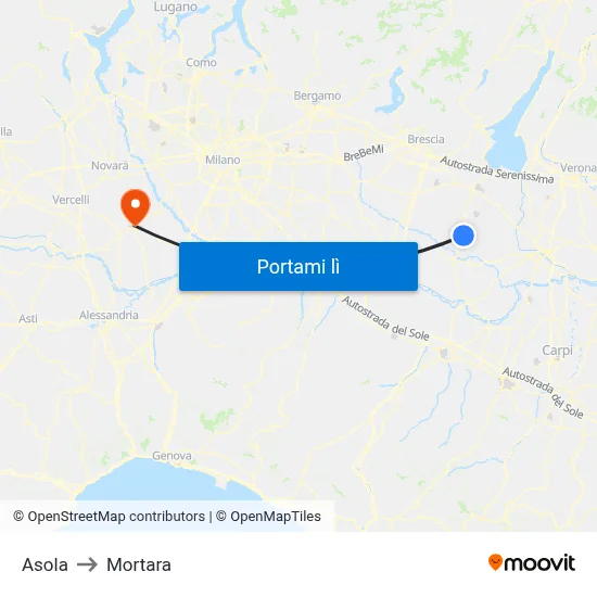 Asola to Mortara map