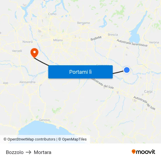 Bozzolo to Mortara map