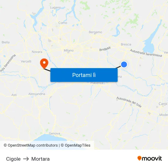 Cigole to Mortara map