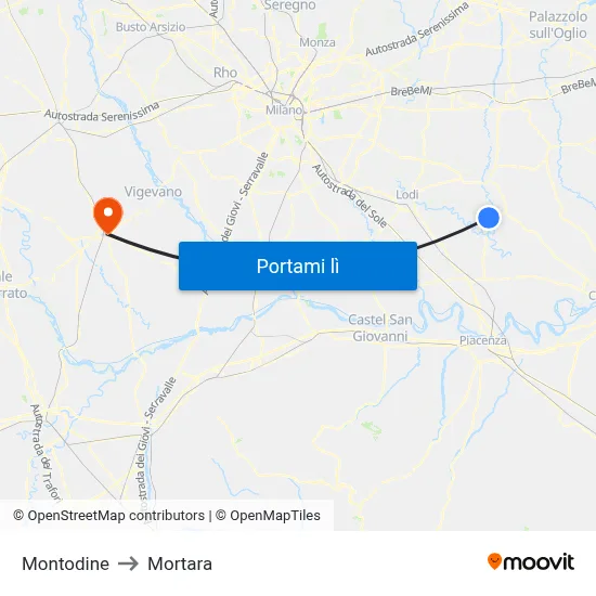 Montodine to Mortara map