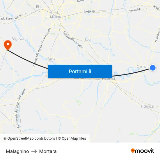Malagnino to Mortara map