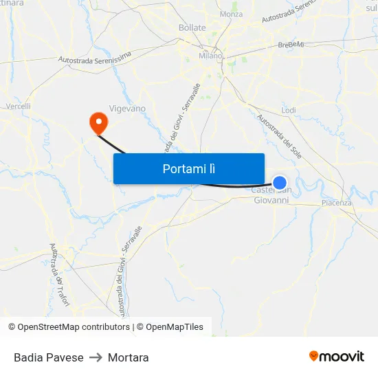 Badia Pavese to Mortara map