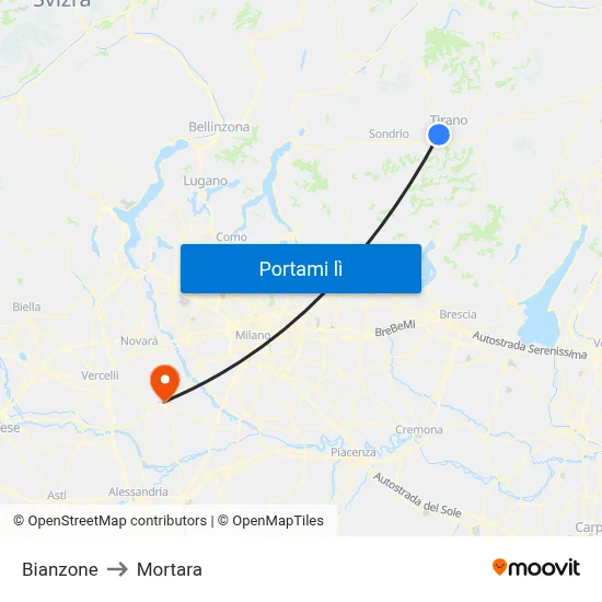 Bianzone to Mortara map