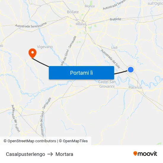 Casalpusterlengo to Mortara map