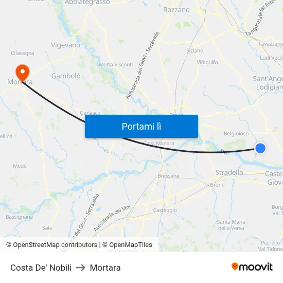 Costa De' Nobili to Mortara map