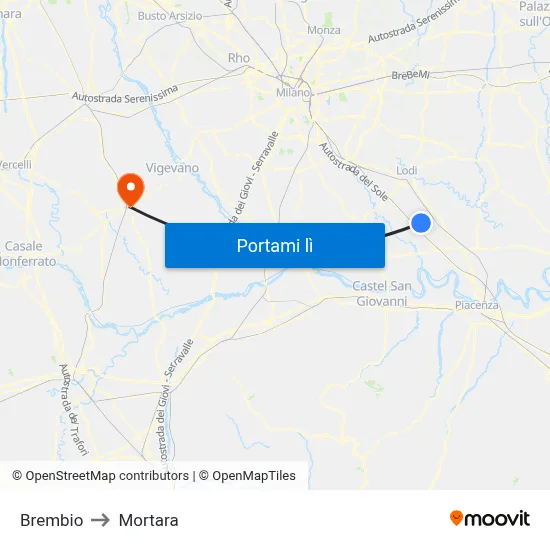 Brembio to Mortara map