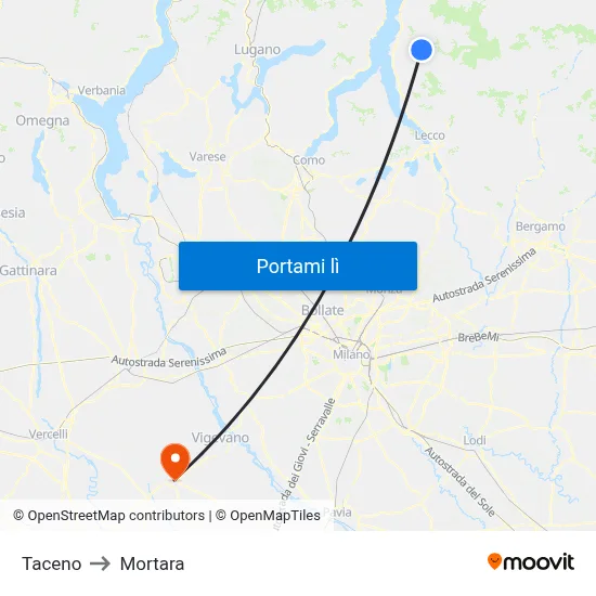 Taceno to Mortara map