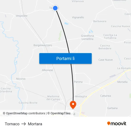 Tornaco to Mortara map