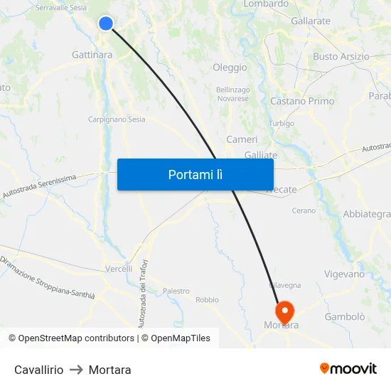 Cavallirio to Mortara map