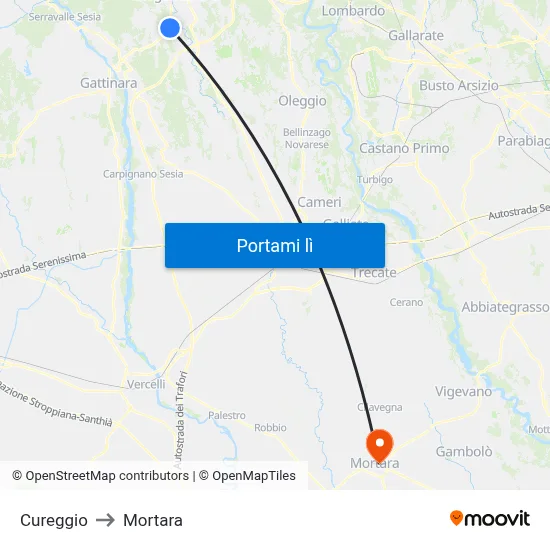 Cureggio to Mortara map