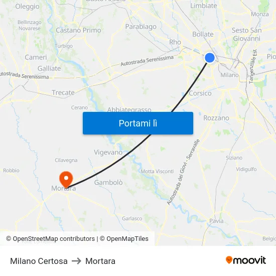 Milano Certosa to Mortara map