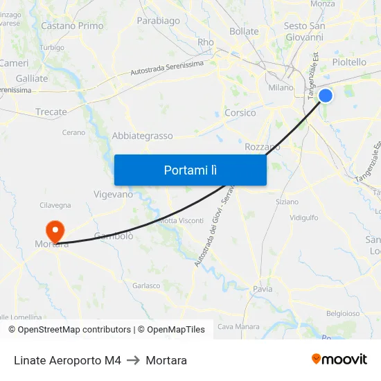 Linate Aeroporto M4 to Mortara map