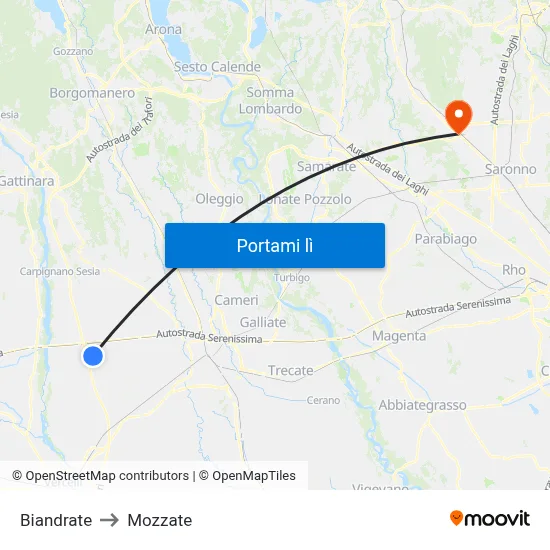 Biandrate to Mozzate map
