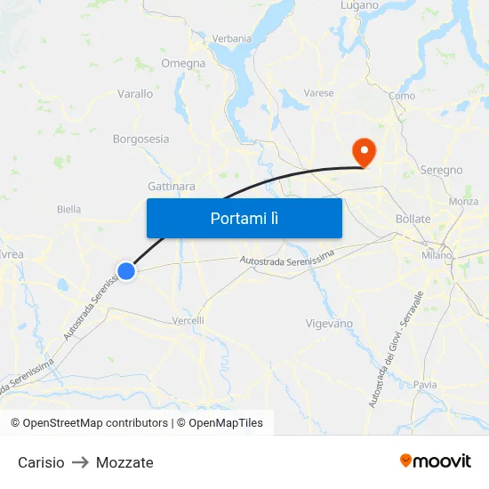 Carisio to Mozzate map