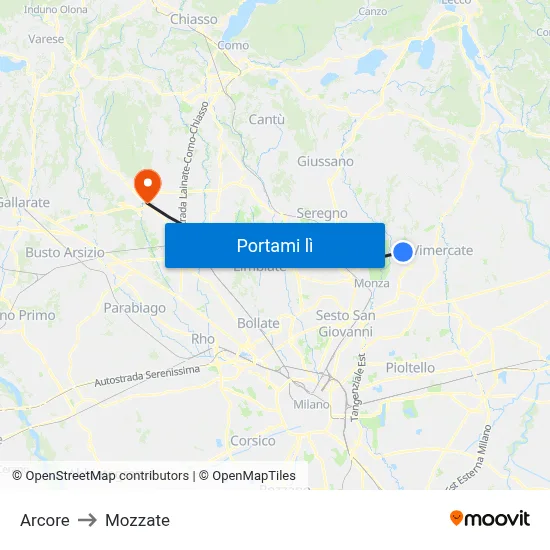 Arcore to Mozzate map