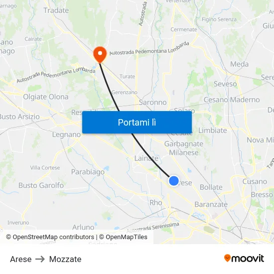 Arese to Mozzate map