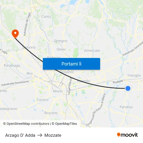 Arzago D' Adda to Mozzate map
