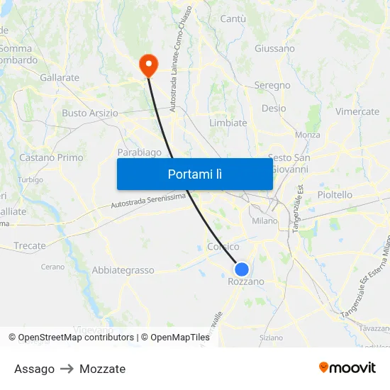 Assago to Mozzate map