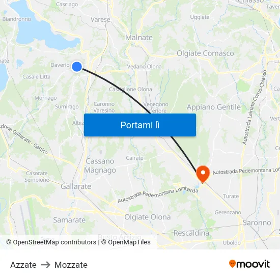 Azzate to Mozzate map