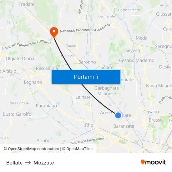 Bollate to Mozzate map