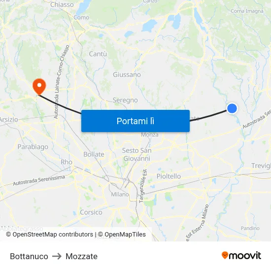 Bottanuco to Mozzate map