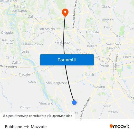 Bubbiano to Mozzate map