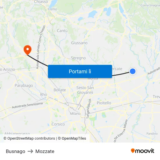 Busnago to Mozzate map