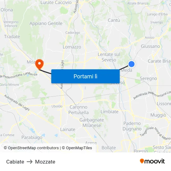 Cabiate to Mozzate map