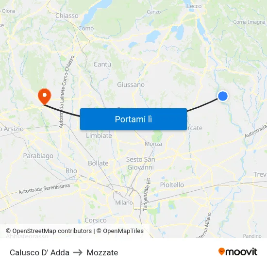 Calusco D' Adda to Mozzate map