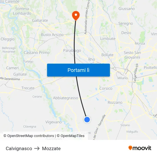 Calvignasco to Mozzate map