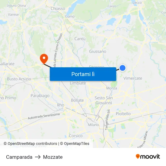 Camparada to Mozzate map