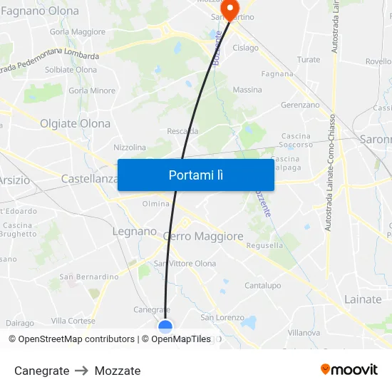 Canegrate to Mozzate map
