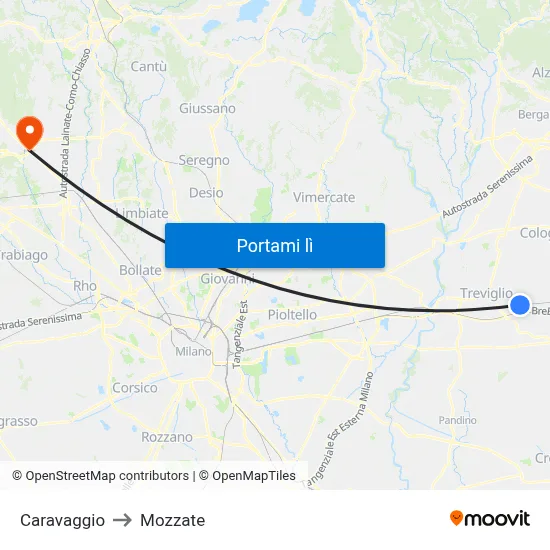 Caravaggio to Mozzate map